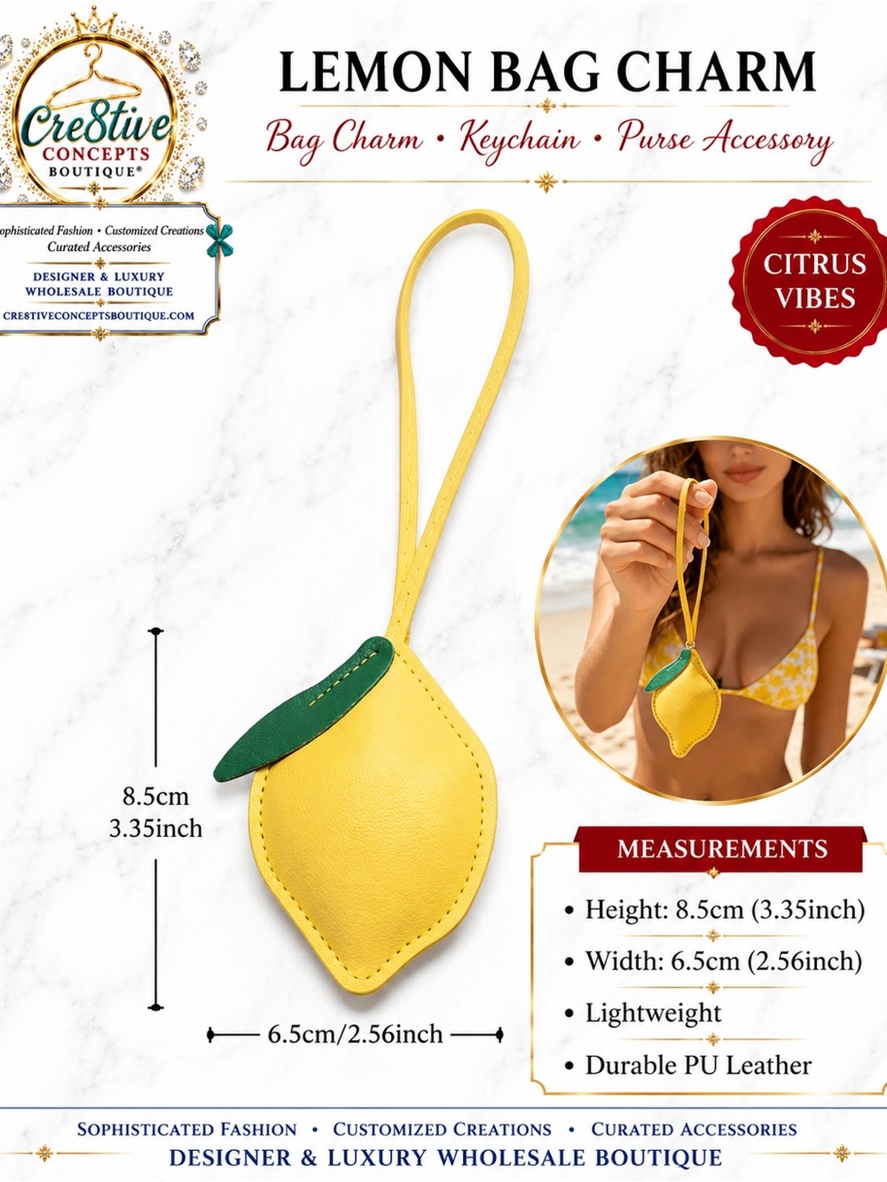 Lemon Faux Leather Bag Charm | Purse Charm | Keychain Accessory - Picture 4 of 4